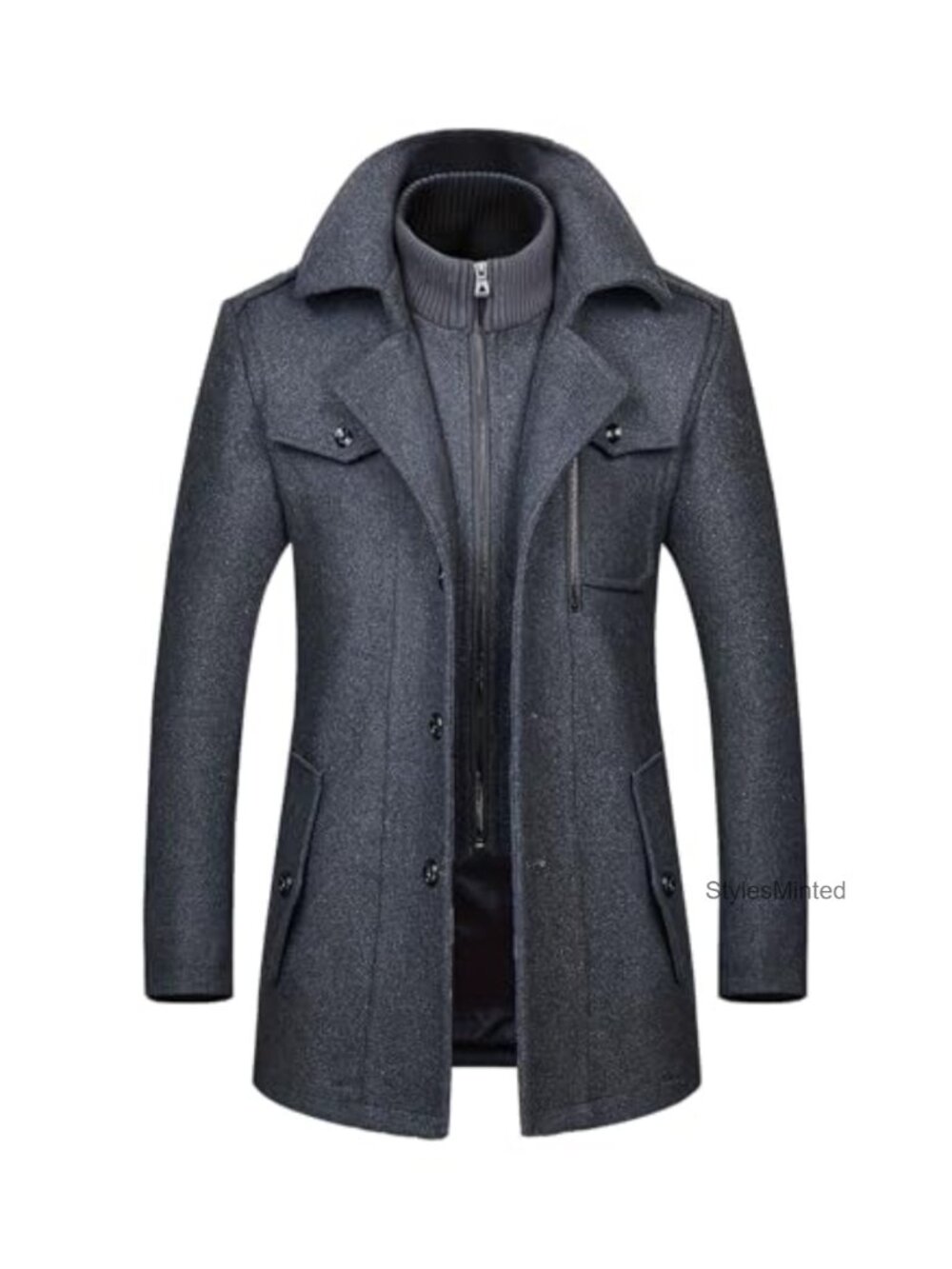 Men's Wool Blend Double Collar Pea Coat with Detachable Collar